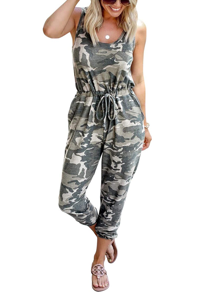 KIRUNDO Women 2026 Summer Jumpsuits Casual Sleeveless Drawstring Elastic Waist Romper Vacation Cruise Airport Travel Outfits(Small, Camouflage) - Image 1